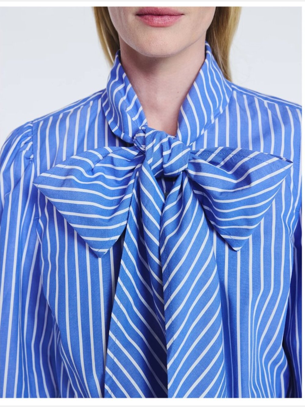 Free Assembly Blue Striped Tie Neck Cotton Long Puff Sleeve Blouse S - Picture 2 of 5